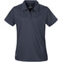 A dark blue women's polo shirt with a collar and short sleeves, featuring a logo on one side.