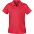 A red women's polo shirt featuring a collar and short sleeves, with a logo present on the design.