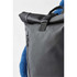 A black waterproof backpack featuring a roll top, adjustable strap, and a zipped pocket.