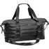 A black quilted duffle bag with padded sections, featuring handles and a detachable strap, includes a logo.