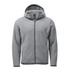 A grey fleece hoody with a zip-up front, long sleeves, and a hood. It features a logo on the front.