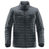 A men's quilted jacket in dark grey with a zip front and quilted detailing. Features a logo on the jacket.