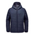A navy blue quilted hoody with a zip front and a hood, featuring a logo on the chest.