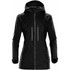 A black women's rain jacket with a hood, featuring zip pockets and a sleek design. It has a logo on the sleeve.