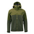 A men's rain jacket in dark green and olive, featuring a hood and multiple zippered pockets. The jacket has a branding logo.