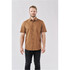 A short-sleeved button-up shirt in a brown hue, featuring a subtle pattern and a logo.