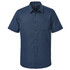 A short-sleeve button-up shirt in navy blue with a subtle pattern, featuring a chest pocket and branding.