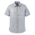 A light grey button-up shirt with short sleeves and a chest pocket. It features a logo on the label.