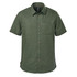 A short-sleeved, olive green button-up shirt with a chest pocket and a logo.