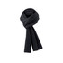 A dark grey knitted scarf, elegantly wrapped, featuring a simple design and a logo.