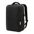 A sleek black backpack featuring multiple compartments and a branding logo. It has padded shoulder straps for comfort.