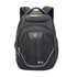 A black backpack featuring blue accents, multiple zippers, and a logo on the front.