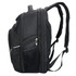 A black backpack with multiple compartments and adjustable straps, featuring a logo on the front.