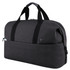 A dark grey duffle bag with black straps, featuring a logo and a zippered closure.
