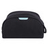 A black toiletry bag with a rounded shape, featuring a small handle and a logo on the front.