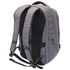 A grey backpack with padded straps and mesh panels, featuring a zippered side pocket and a logo.