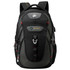 A black backpack with red accents, featuring multiple compartments and a logo on the front.