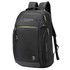 A sleek black backpack with green accents and multiple zippered compartments, featuring a logo on the front.