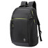 A black backpack with yellow accents, featuring multiple zippered compartments and a logo.