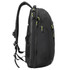 A black backpack with green accents, featuring multiple zippers and adjustable straps. It has a side profile view.