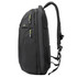 A sleek black backpack with mesh side pockets and zippers, featuring adjustable shoulder straps and a branding logo.