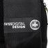 A close-up of a black backpack featuring a logo and textured fabric. The design is sleek and modern.