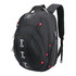 A black Swissdigital Pixel Backpack featuring red accents, multiple compartments, and a branded logo.