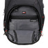 A black backpack interior featuring multiple compartments, including a zippered section and RFID protection.