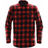 A red and black checked button-up shirt featuring a snap front and two chest pockets, with a logo present.