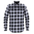 A black and white checkered button-up shirt with long sleeves and two chest pockets, featuring a logo.