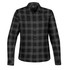 A button-up shirt featuring a black and grey plaid pattern, with long sleeves and front pockets.