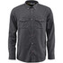 A dark grey button-up shirt with two chest pockets and a logo on the collar.