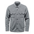 A grey unisex shacket featuring a button-up design, two chest pockets, and a casual style.