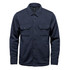 A navy blue unisex fleece shacket featuring a button-up front and two chest pockets, with a logo on the label.