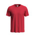 A red organic T-shirt with short sleeves and a round neckline, featuring a small logo.
