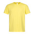 A yellow crew neck t-shirt with short sleeves, featuring a logo on the label.