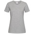 A grey women's heavyweight comfort T-shirt with a crew neck and short sleeves, featuring a branding label.