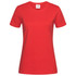 A red women's heavyweight comfort T-shirt with a crew neck and short sleeves, featuring a logo at the neckline.