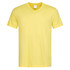 A yellow men's classic T-shirt with a V-neck and short sleeves, featuring a logo on the label.