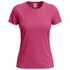 A pink women's classic T-shirt with a round neckline and short sleeves, featuring a logo.
