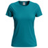 A teal women's classic t-shirt with a crew neck and short sleeves, featuring a small logo on the label.