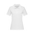A white women's heavyweight polo shirt with a classic collar. It has short sleeves and features a logo.