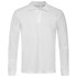 A white long sleeve polo shirt featuring a collar and button placket, with a logo on the chest.