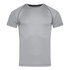 A short-sleeved, light grey active T-shirt with raglan sleeves and a logo.