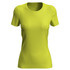 A short-sleeved women's active T-shirt in vibrant lime green, featuring a fitted design and a small logo.