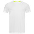 A white crew neck t-shirt with short sleeves, featuring a bright yellow accent inside the neckline and a logo.