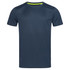 A navy blue crew neck t-shirt with short sleeves, featuring a contrasting inner neckline and a logo.