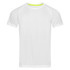 A white men's active t-shirt with short sleeves and a contrasting neon neckline. Features a logo on the design.