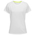 A white women's active t-shirt with short raglan sleeves and a neon green neckline, featuring a logo.