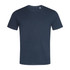 A navy blue men's crew neck t-shirt with short sleeves and a small logo on the collar.